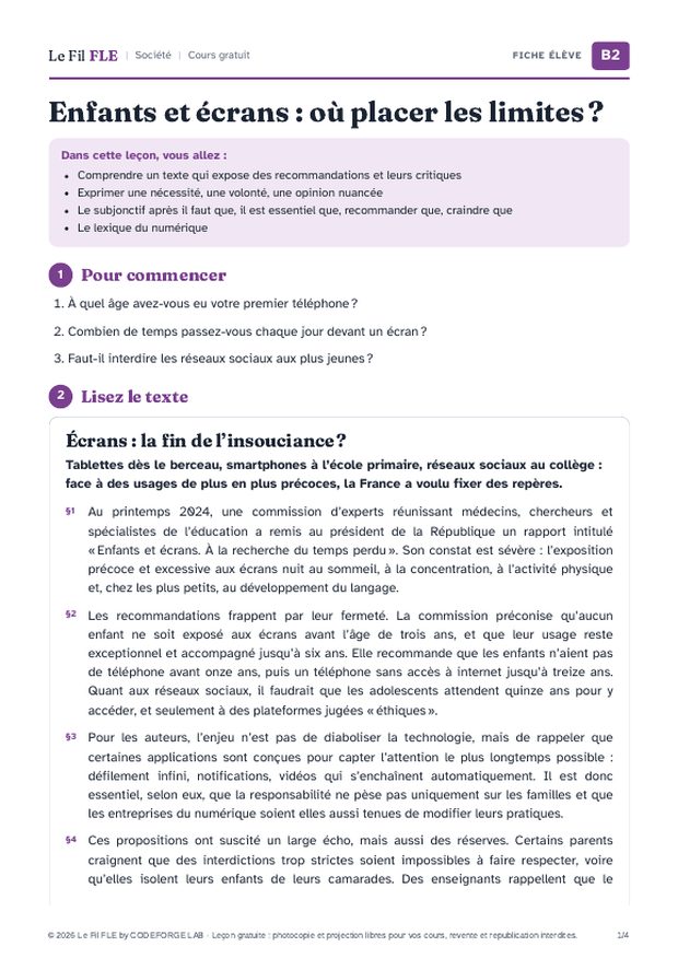 Aperçu de la première page de la fiche élève « Enfants et écrans : où placer les limites ? »