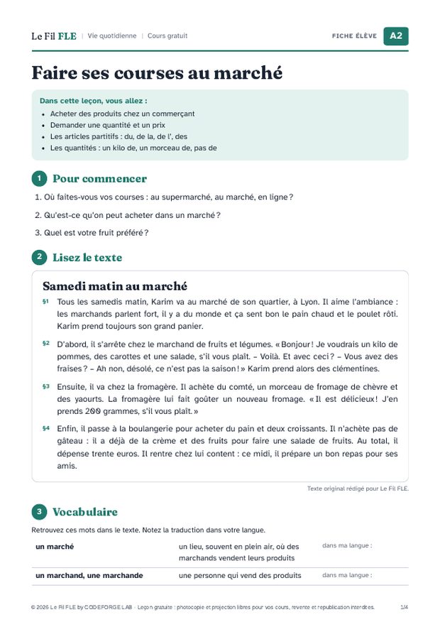 Aperçu de la première page de la fiche élève « Faire ses courses au marché »