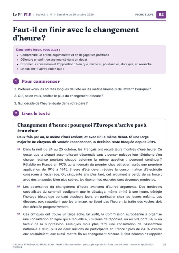 Aperçu de la première page de la fiche élève « Faut-il en finir avec le changement d’heure ? »