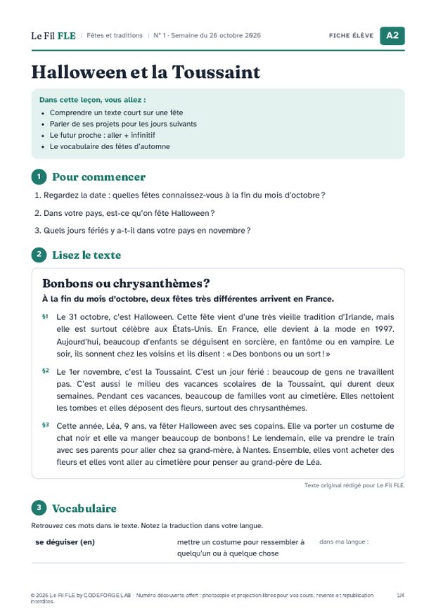 Première page de la fiche élève « Halloween et la Toussaint »