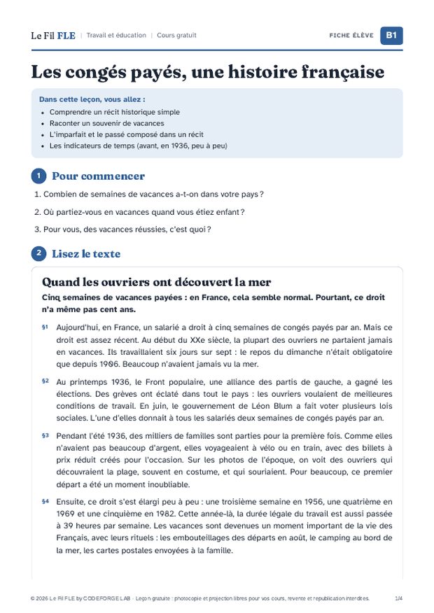 Aperçu de la première page de la fiche élève « Les congés payés, une histoire française »