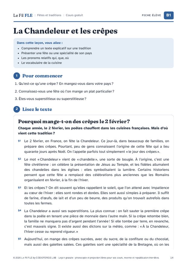 Aperçu de la première page de la fiche élève « La Chandeleur et les crêpes »