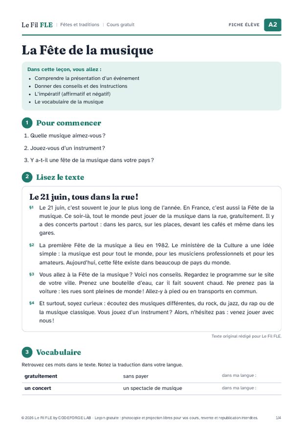 Aperçu de la première page de la fiche élève « La Fête de la musique »