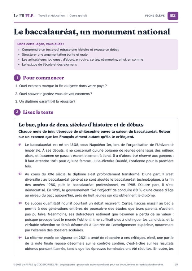 Aperçu de la première page de la fiche élève « Le baccalauréat, un monument national »