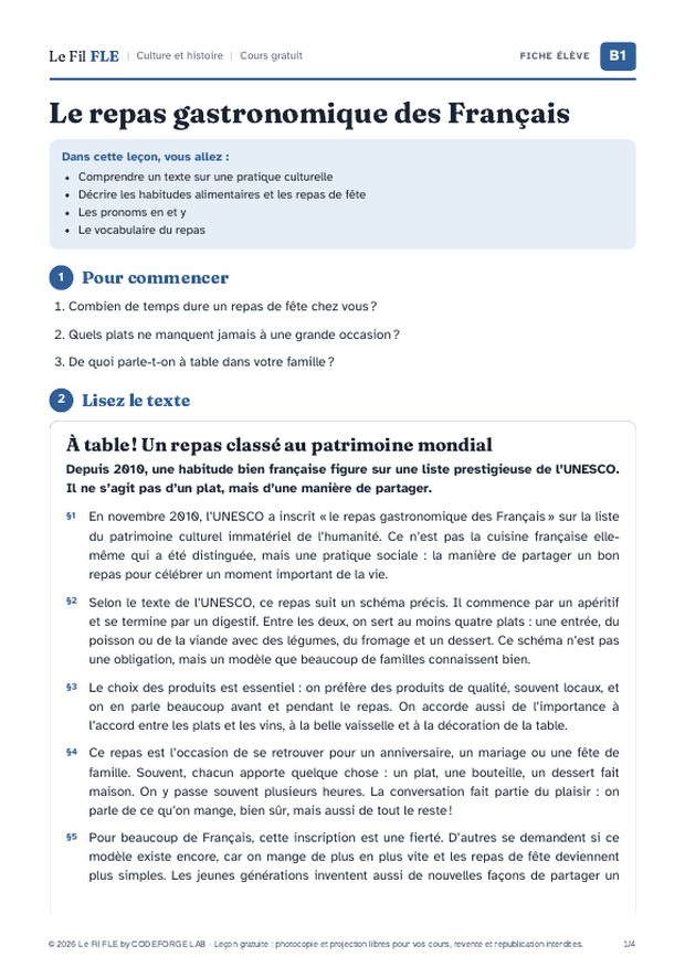 Aperçu de la première page de la fiche élève « Le repas gastronomique des Français »