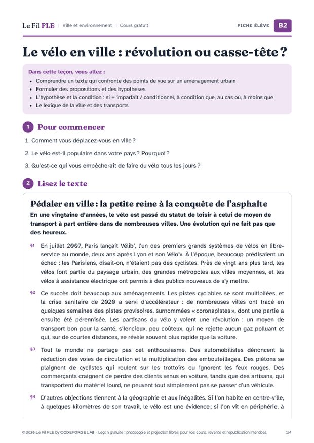 Aperçu de la première page de la fiche élève « Le vélo en ville : révolution ou casse-tête ? »