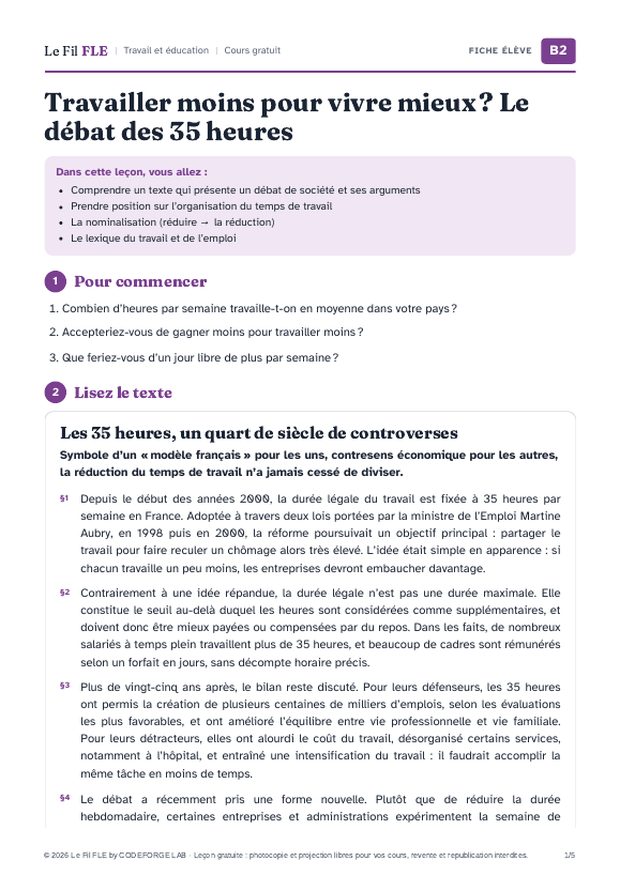 Aperçu de la première page de la fiche élève « Travailler moins pour vivre mieux ? Le débat des 35 heures »