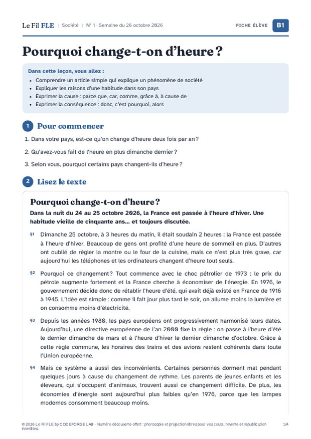 Aperçu de la première page de la fiche élève « Pourquoi change-t-on d’heure ? »