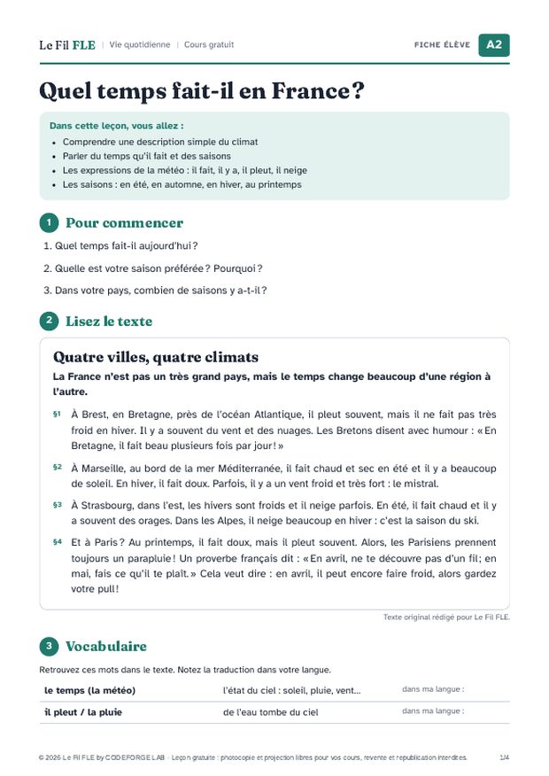 Aperçu de la première page de la fiche élève « Quel temps fait-il en France ? »