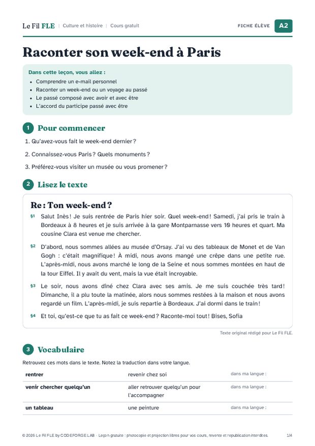 Aperçu de la première page de la fiche élève « Raconter son week-end à Paris »